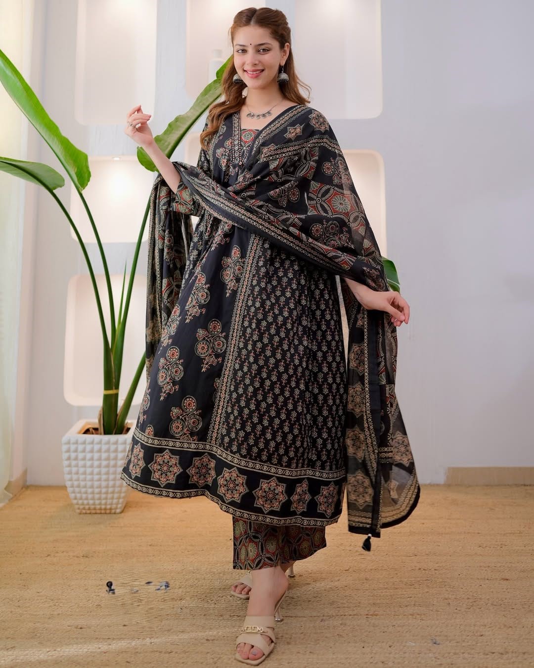Pure Cotton Ajrakh Print Anarkali Suit Set with Handworked Neck & Dupatta